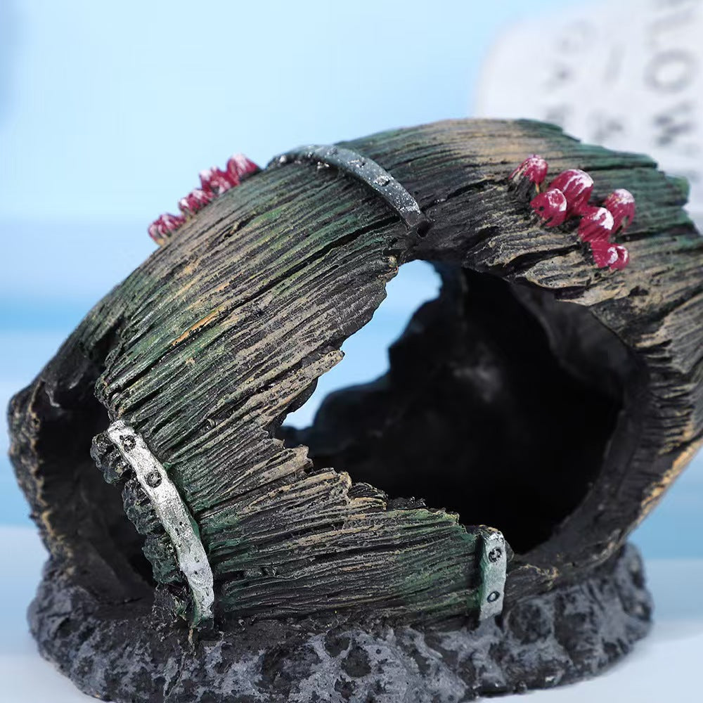 Resin Mossy Pebble Aquarium Ornament with Barrel Hideout