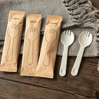 Disposable Biodegradable Spork Set with Kraft Paper Bag, Thickened Dessert Cake Fruit Spoons and Forks