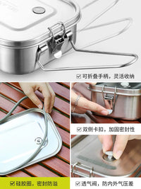 Outdoor Camping Square Stainless Steel Food Storage Container with Folding Handle, Airtight, Heatable, Freezable, Divided Lunch Box