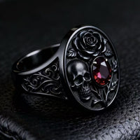 2026 New Electroplated Gunmetal Skull Ring with Rose Flower Design for Women, Vintage Halloween Jewelry