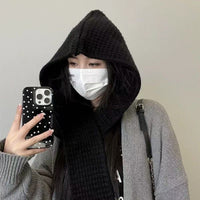 Hooded Scarf and Beanie Set for Winter, Solid Color Warm Knit Scarf and Hat Combo