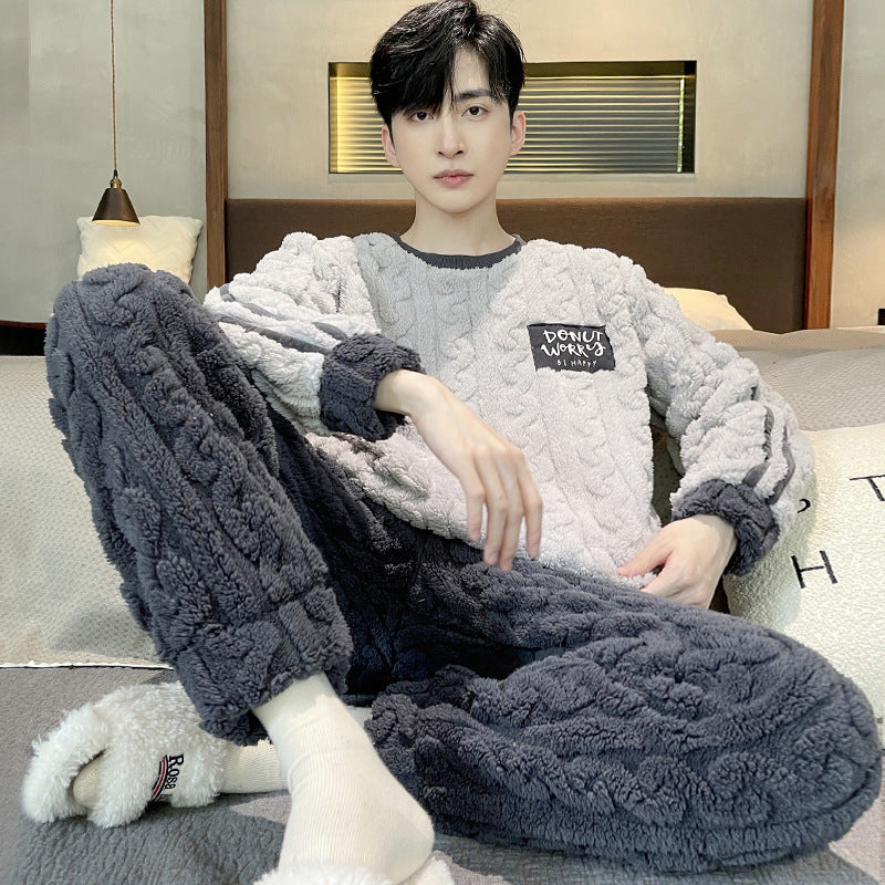 Men's Coral Fleece Pajama Set Thickened Warm Flannel Loungewear for Autumn Winter