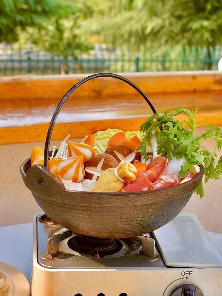 Japanese Cast Iron Sukiyaki Pot with Handle for Stewing and Soup, Outdoor Hanging Pot
