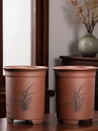 Zisha Clay Orchid Pot Round Cylindrical Planter for Cymbidium Orchids
