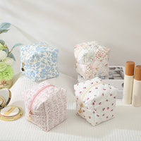 Quilted Floral Cosmetic Bag Insulated Cotton Travel Toiletry Pouch
