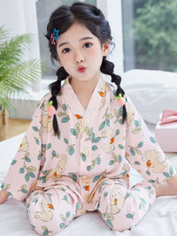 Girls' Cotton Rayon Pajama Set Summer Thin Kids' Loungewear with Stand Collar