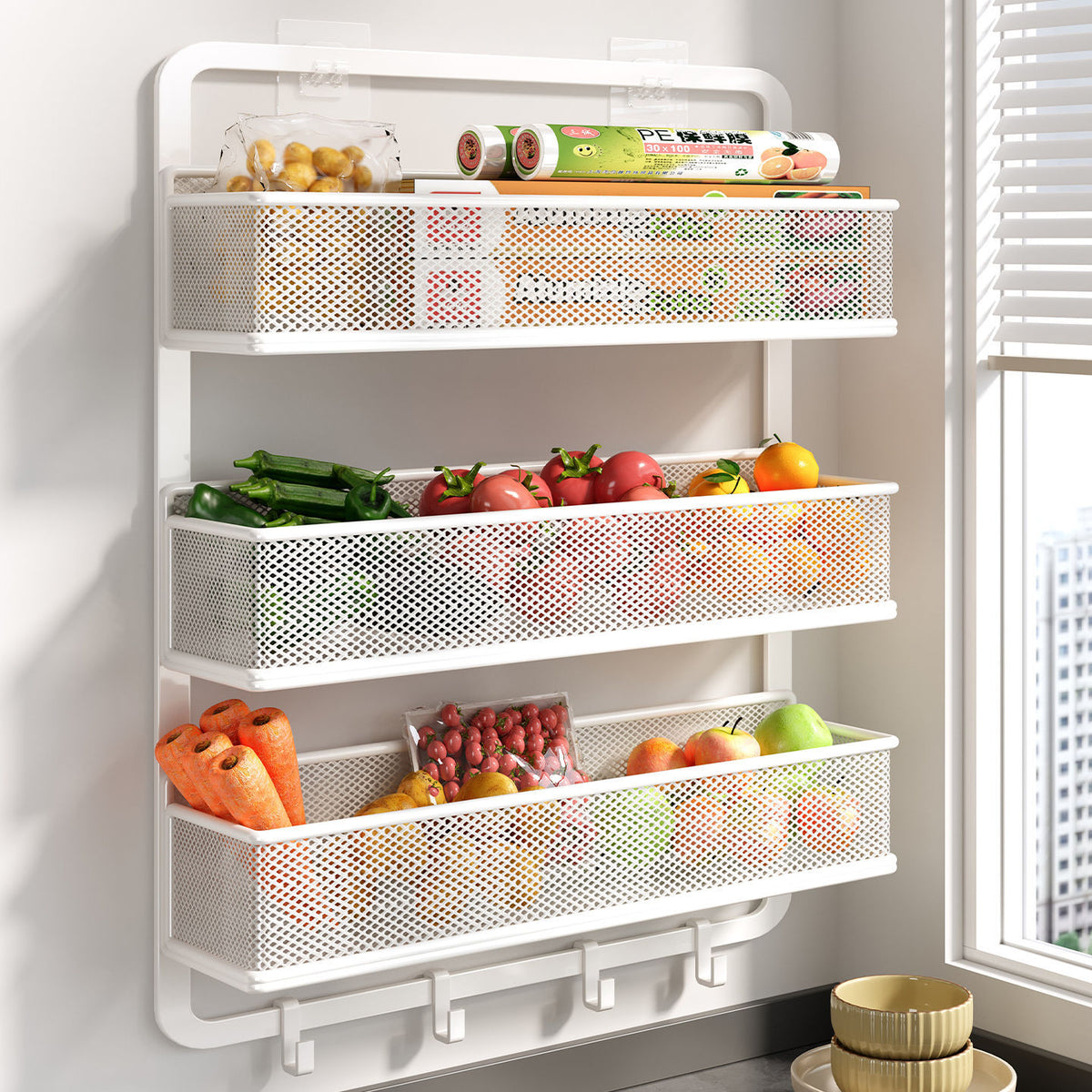 Wall-Mounted Kitchen Spice Rack with Vegetable Basket, Punch-Free Storage Organizer