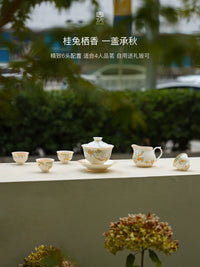 Bayi Ceramic Gaiwan Tea Set with Osmanthus Pattern, Rotating Teacup for Kung Fu Tea