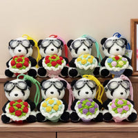 Crochet Panda Keychain with Goggles and Flower Bouquet Plush Doll Bag Charm
