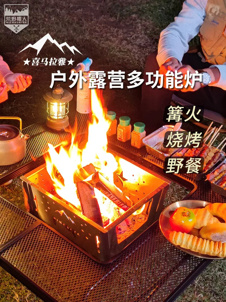Wilderness Hunter Outdoor Stainless Steel Folding Charcoal Grill Fire Pit Camping Multi-functional Wood Bonfire Stove