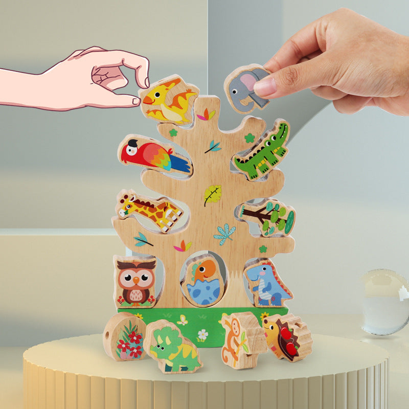 Wooden Animal Stacking Balance Blocks with Beads for Toddlers, Educational Preschool Toy