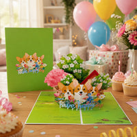 3D Corgi Pop-Up Birthday Card with Handmade Flower Bouquet