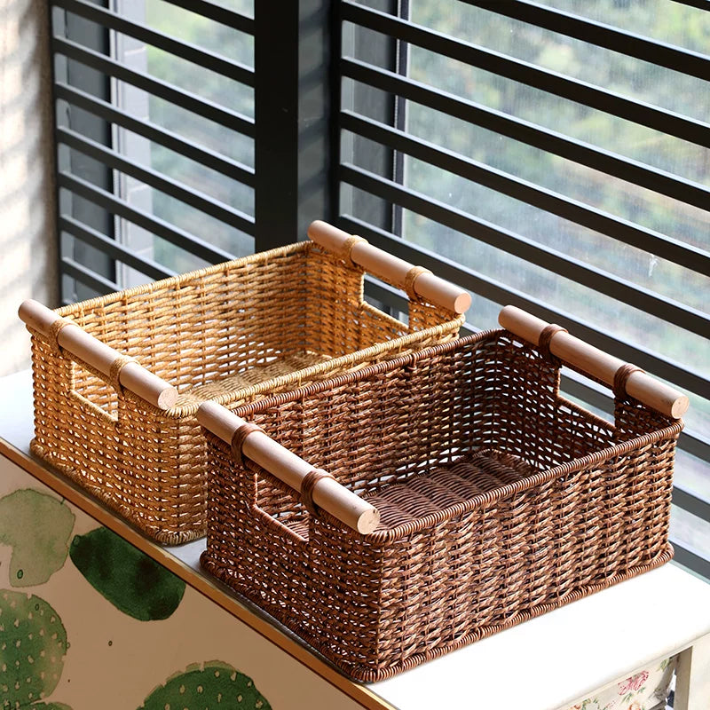 Kens Vintage Woven Rattan Storage Basket with Handles for Snacks, Sundries, and Cabinet Organization