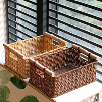 Kens Vintage Woven Rattan Storage Basket with Handles for Snacks, Sundries, and Cabinet Organization
