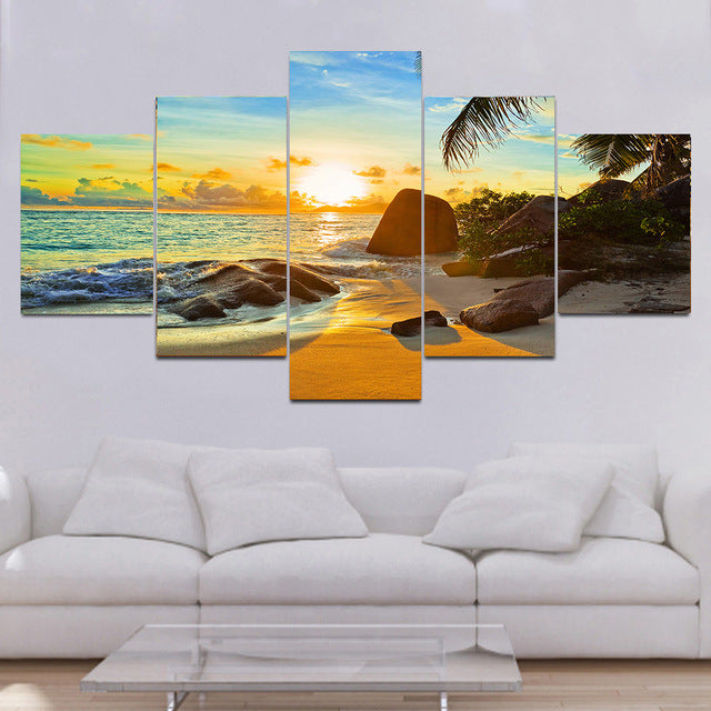Modern Sunset Seascape Canvas Wall Art Print, 5-Panel Tropical Ocean Decor Painting