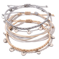 Beach Friendship Woven Bracelet with Alloy Disc and Waxed Cord, Adjustable for Women