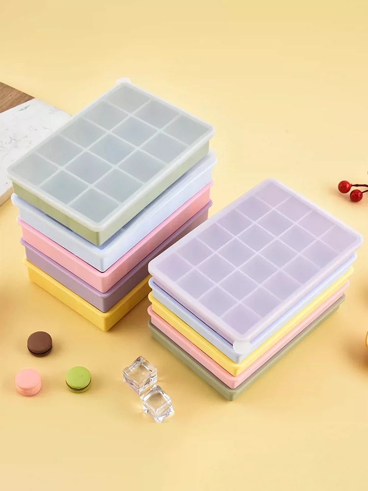 Silicone Ice Cube Tray with Lid, Square Ice Mold, 15-Grid and 24-Grid Food-Grade Ice Maker