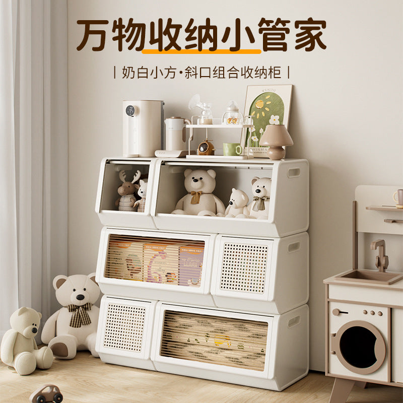 Stackable Rattan-Pattern Storage Cabinet with Flip-Top Lid for Clothes and Toys