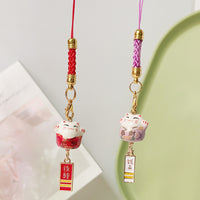 Japanese Ceramic Lucky Cat Bag Charm with Alloy Blessing Tag