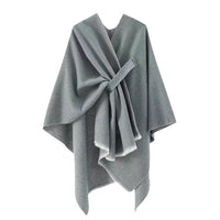 Solid Color Faux Cashmere Knit Poncho Shawl with Bar Detail