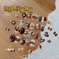 50-Piece Mixed Nail Art Charms Set - Cartoon Resin Bows, Flowers, Hearts in Brown Tones