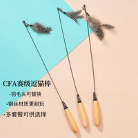 CFA-Grade Cat Teaser Wand with Replaceable Feather and Bell Heads, Wooden Handle
