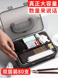 Bamboo Handle Double-Layer Sketch Pencil Box Art Student Large Capacity Transparent Plastic Stationery Organizer for Pencils Charcoal Pens