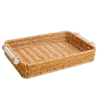 Japanese Style Rattan Woven Serving Tray with Handles, Rectangular Bread Basket for Snacks and Pastries