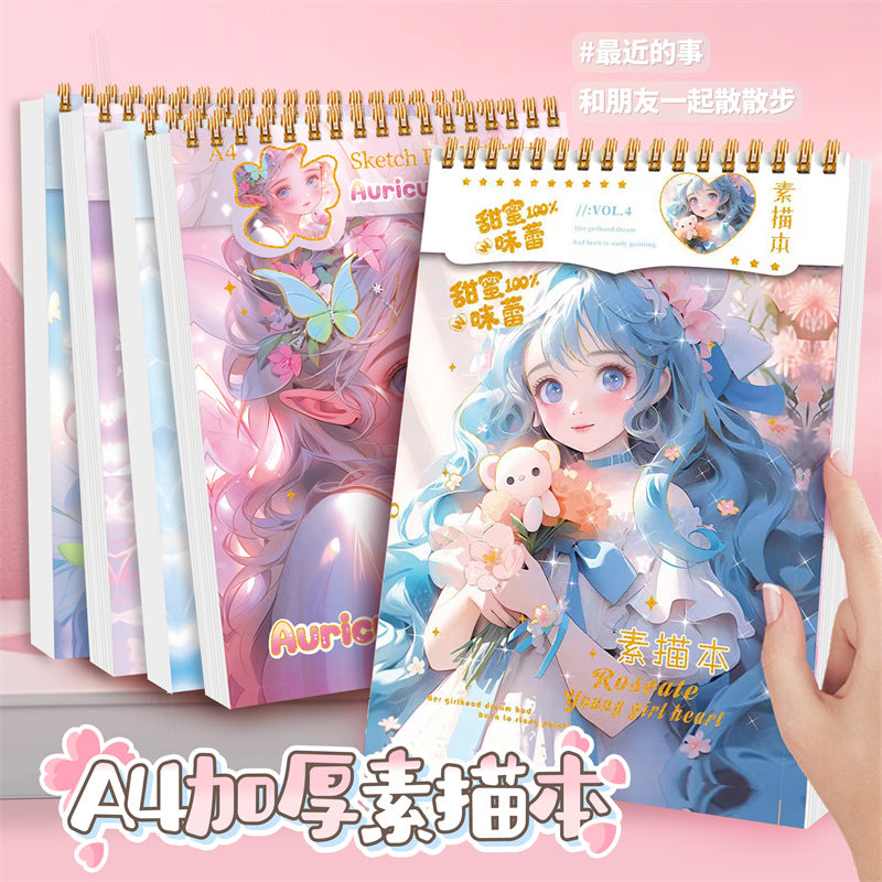 A4 Spiral Sketchbook for Art Students, Thickened Cute Drawing Pad