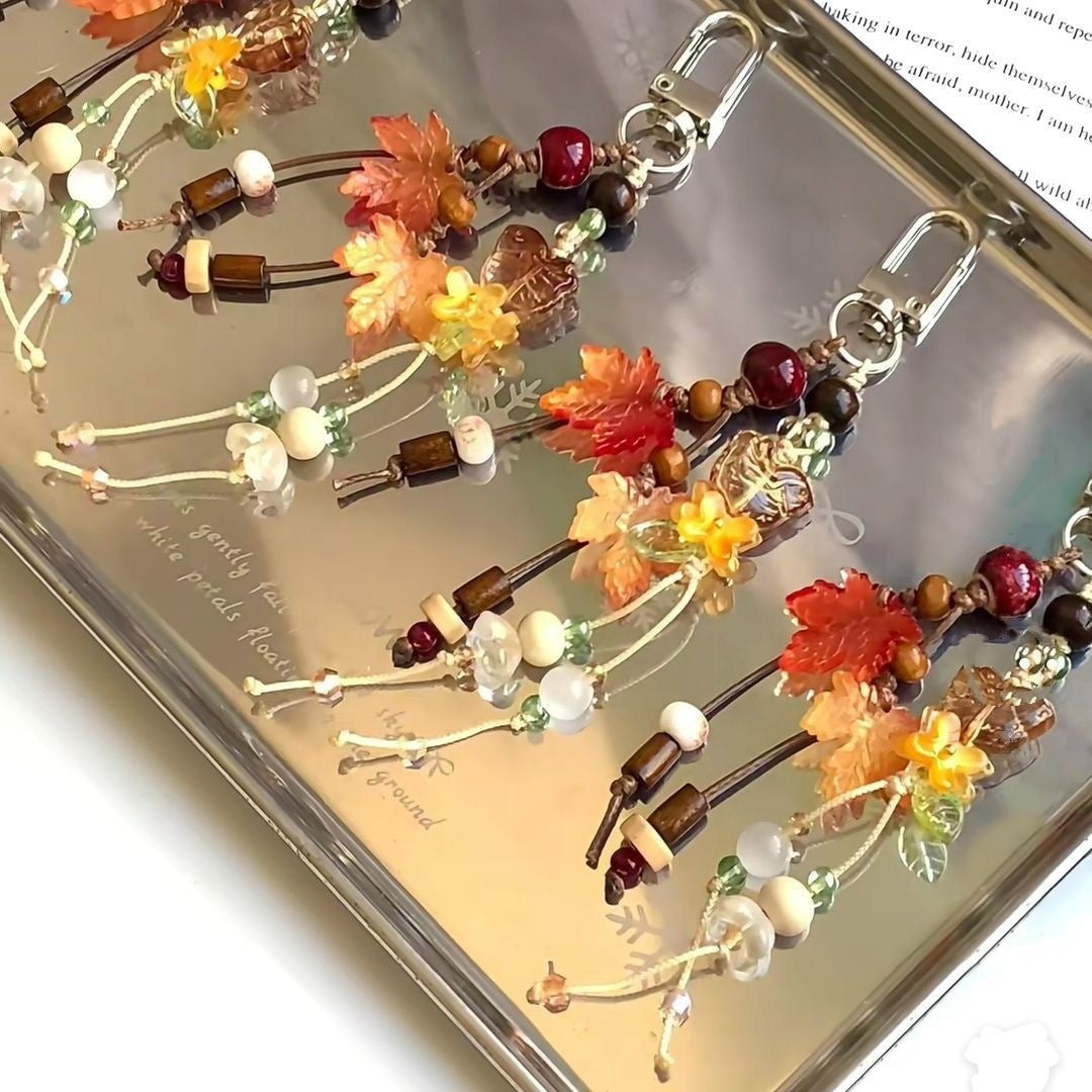 Autumn Maple Leaf Beaded Phone Charm Keychain Pendant