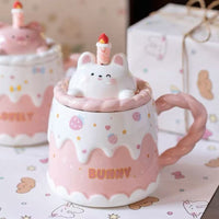 Cute Ceramic Mug with Lid, Spoon, and Straw - 400ml Cake Cup Design, Ideal Birthday Gift for Couples