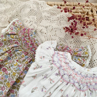 Girls' Hand-Smocked Floral Print Flutter Sleeve Doll Dress Toddler Summer Princess Dress