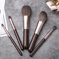 Portable 5-Piece Wool Makeup Brush Set with Pouch - Soft Animal Hair Blush & Cosmetic Tools