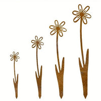 Rustic Metal Flower Garden Stakes, 4-Piece Set for Outdoor Yard Decor