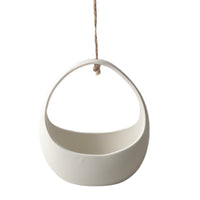 Ceramic Hanging Planter with Rope, Flat White Basket for Balcony & Indoor Plants