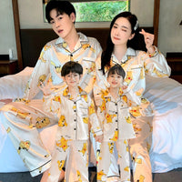 Family Matching Cartoon Ice Silk Pajama Sets for Summer, Short Sleeve Tops and Shorts/Pants for Parents and Kids