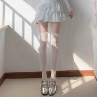 Lace Bow Over-the-Knee Stockings for Women, Breathable Mesh Thigh-High Socks