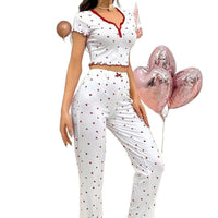 Women's Lace Trim Heart Print Pajama Set with Long Pants