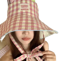 Reversible Wide Brim Bucket Hat for Women, Foldable Sun Protection with Plaid Pattern and Tie-Strap