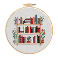 DIY Embroidery Kit with Elegant Bookshelf & Vase Patterns, English Stitch Guide