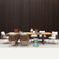 Outdoor Teak Rattan Dining Set with 6 Chairs for Patio Garden Villa Restaurant Hotel