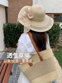 Oversized Brim Straw Hat & Bag Set for Beach Travel Sun Protection