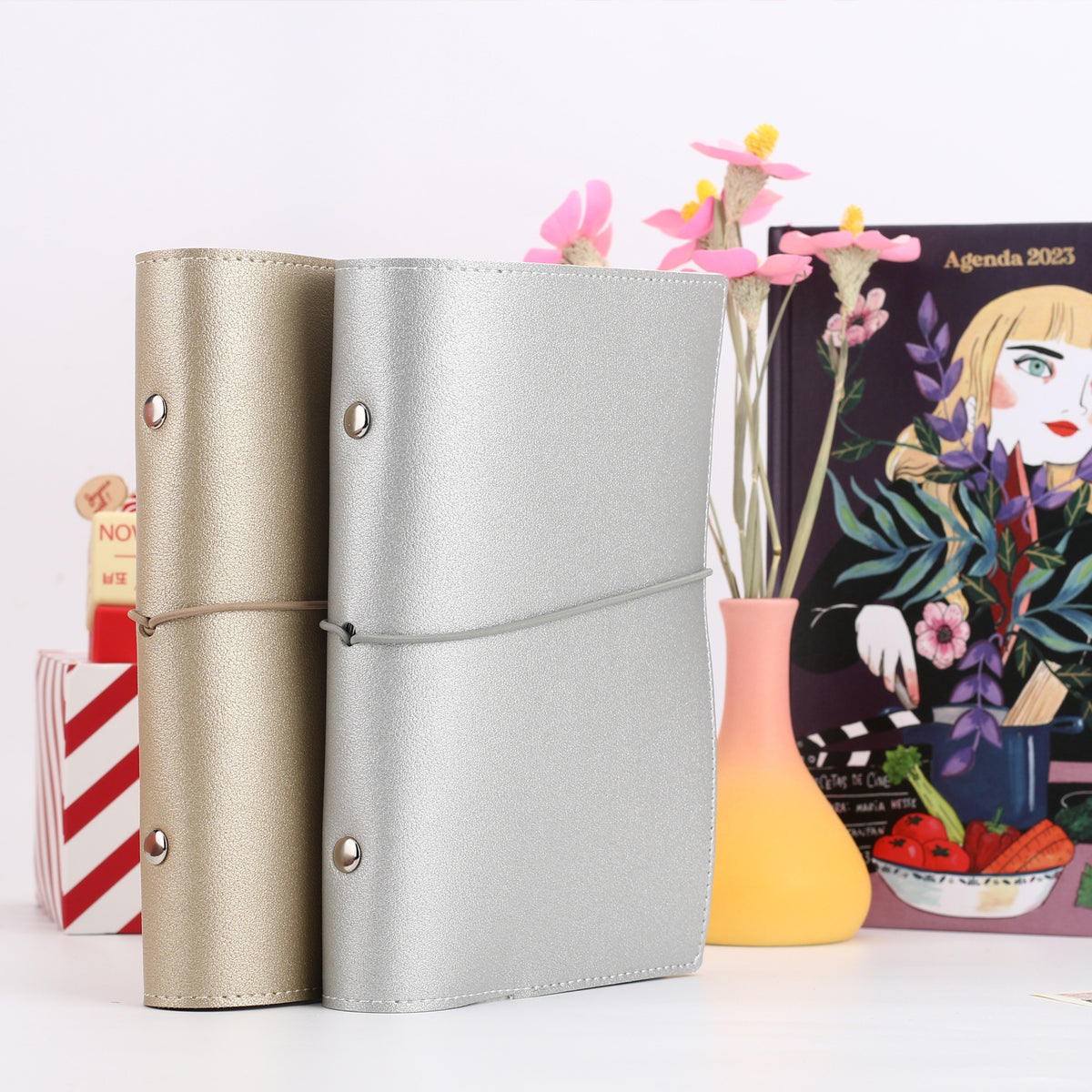 Portable A6 Macaron Faux Lambskin PU Leather 6-Ring Binder Notebook Cover with Elastic Strap