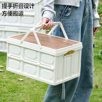 Portable Collapsible Outdoor Storage Box with Wooden Lid and Handle for Camping, Picnics, and Car Organization