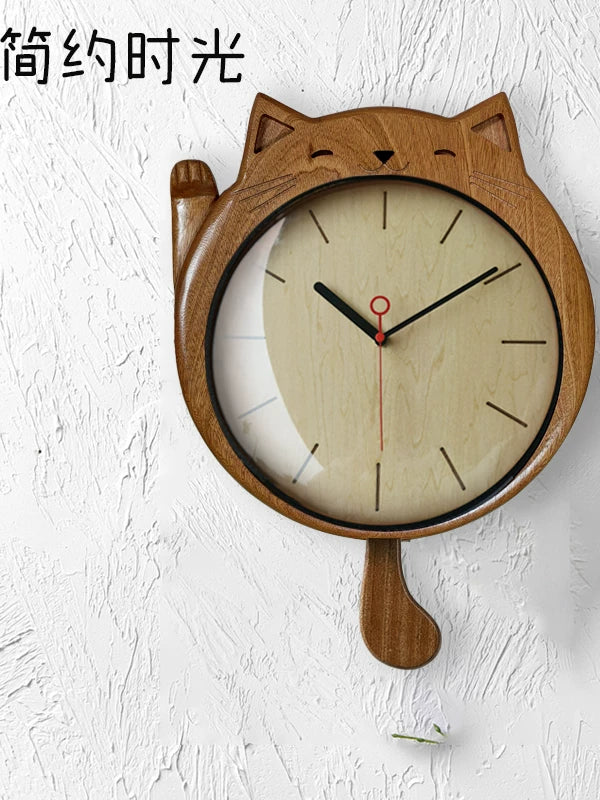 Lucky Cat Solid Wood Wall Clock with Silent Movement for Living Room Decor