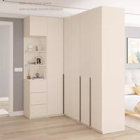 L-shaped Solid Wood Corner Wardrobe for Home Bedroom, Small Apartment Cream Style Cloakroom Cabinet