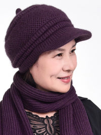 Women's Winter Knitted Rabbit Fur Hat and Scarf Set for Elderly, Warm Fleece Lined Beanie for Seniors