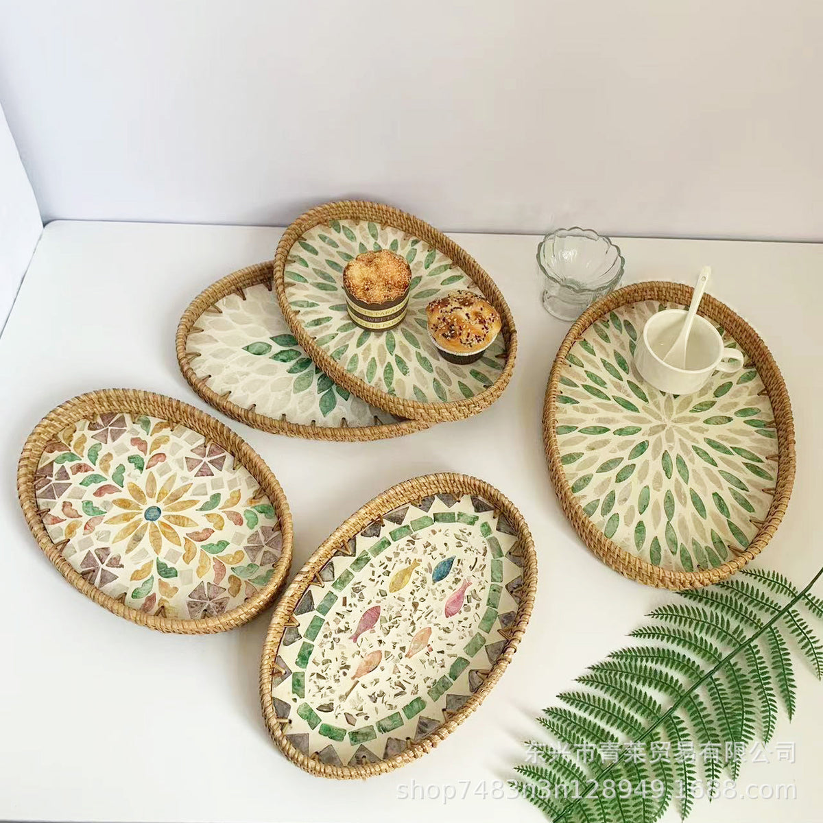 Handwoven Rattan and Mother-of-Pearl Decorative Tray for Storage and Serving