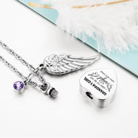 Cremation Urn Necklace with Heart Pendant, Birthstone, and Angel Wing for Ashes, Hair, or Remains