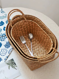 Handwoven Bamboo and Seagrass Fruit Basket for Snacks, Eggs, and Vegetables